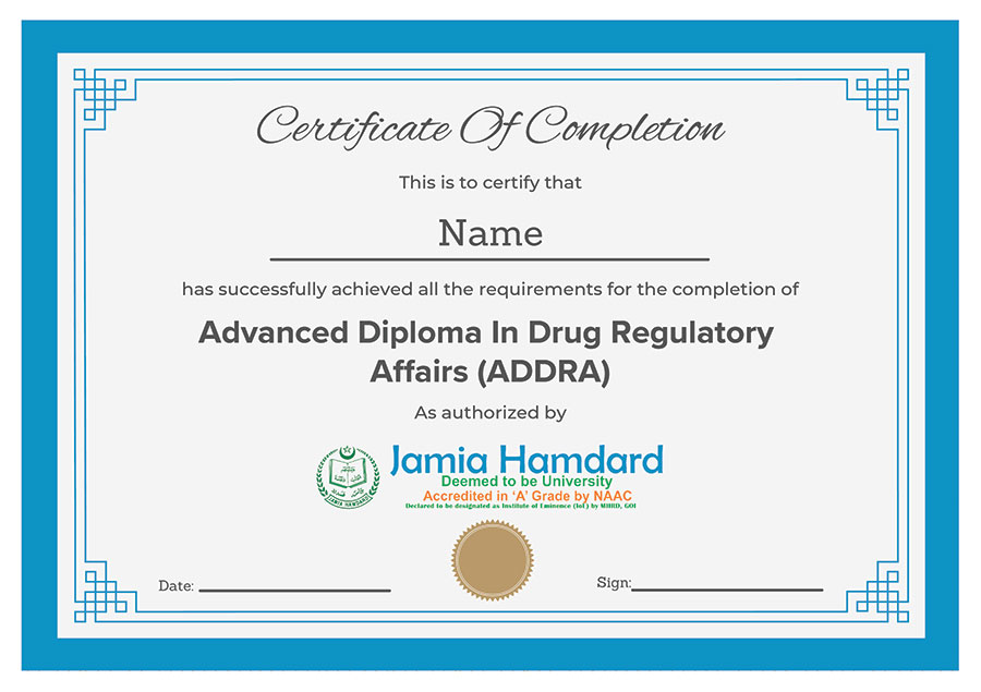 Advanced Diploma in Drug Regulatory Affairs course from Jamia Hamdard University: