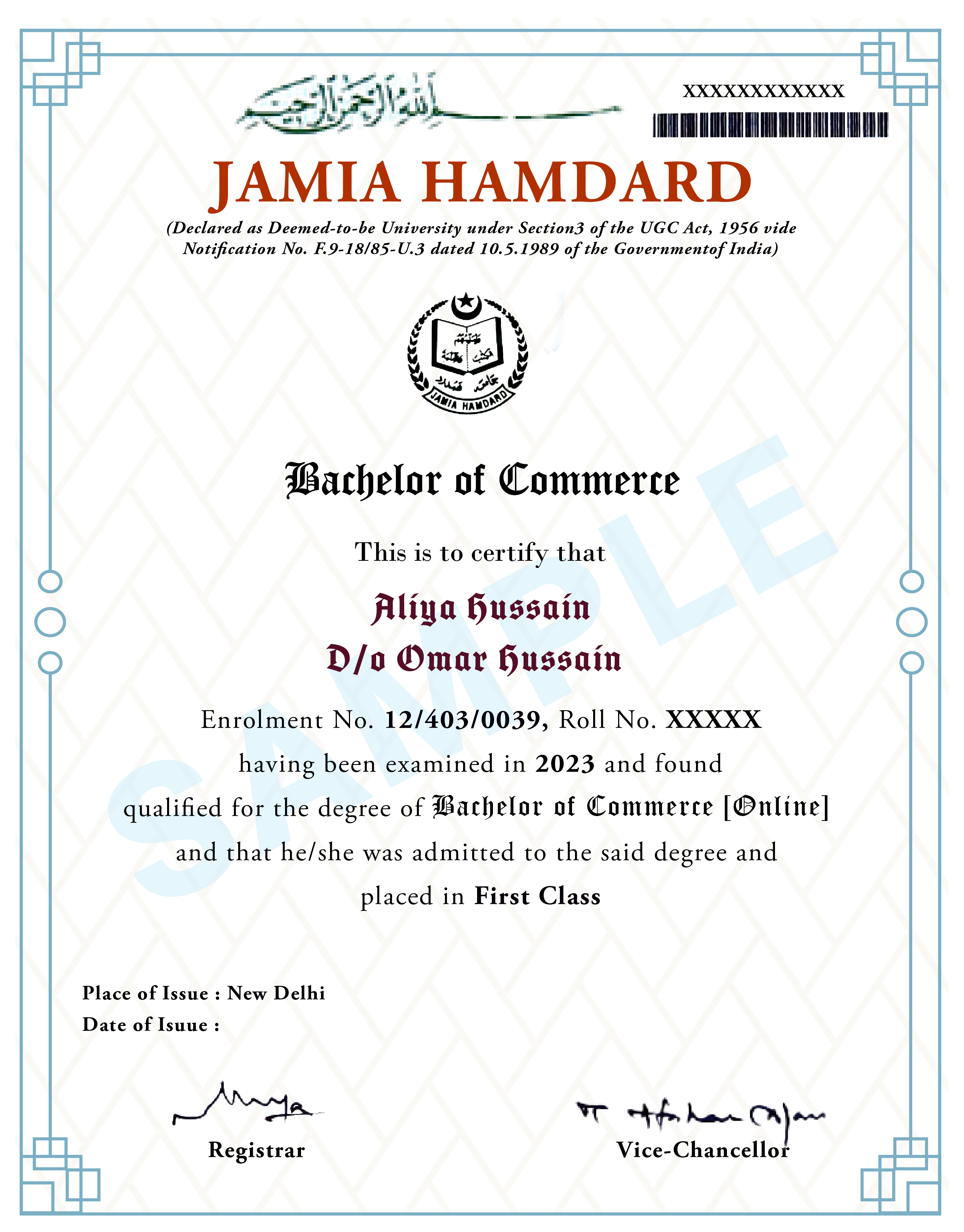 Certificate of completion for Bachelor of Commerce at Jamia Hamdard Online