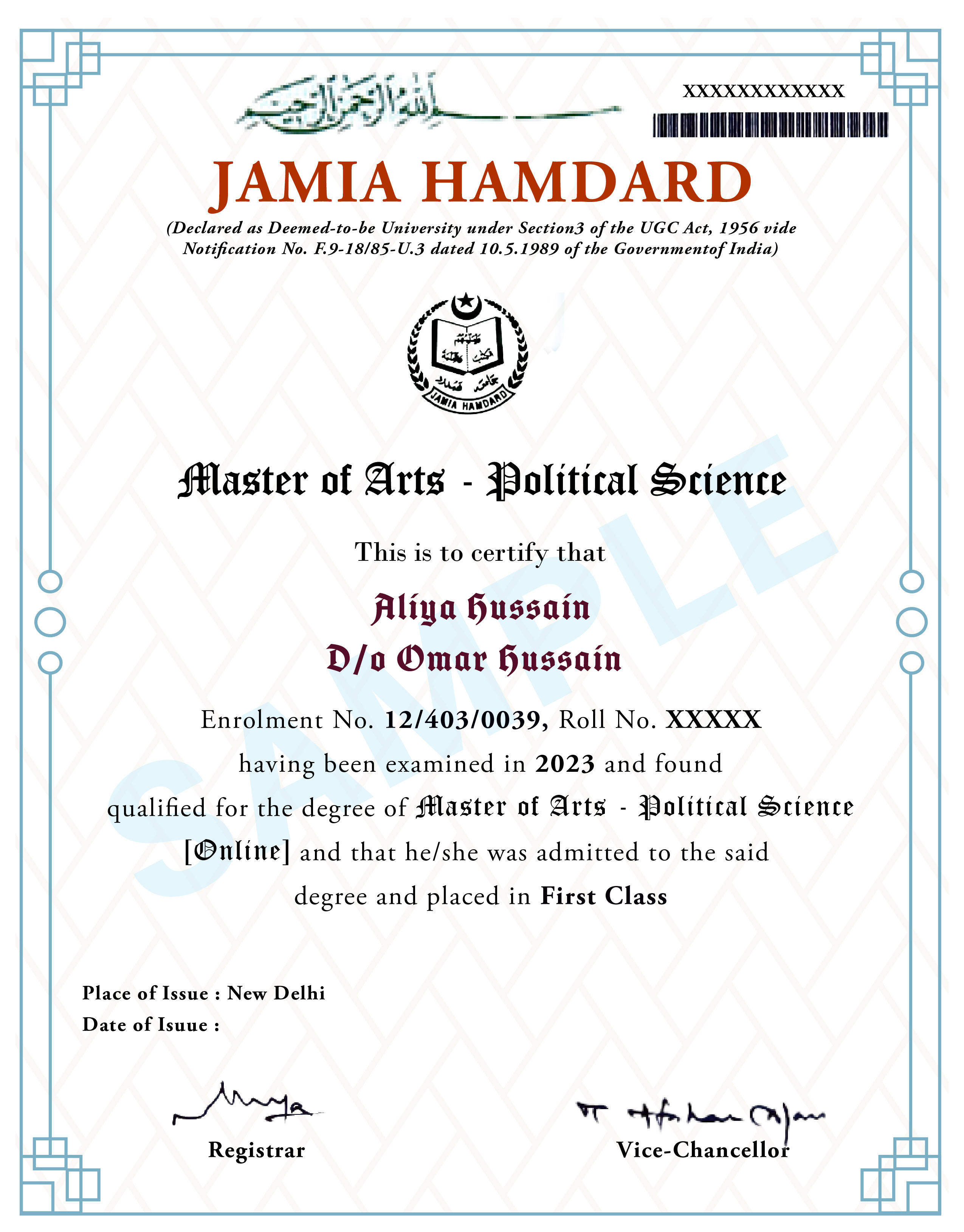 Official Certificate for MA Political Science from Jamia Hamdard University