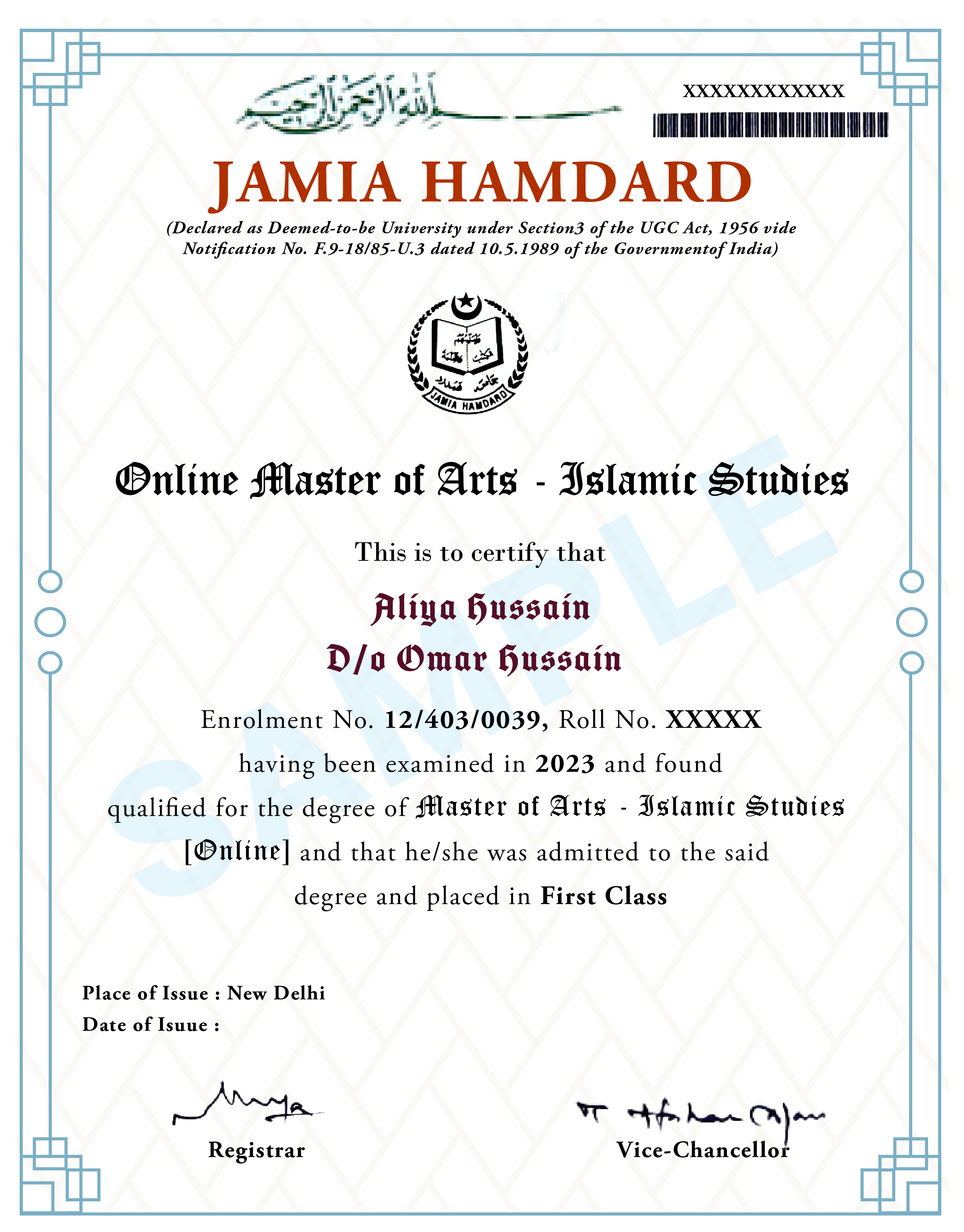 Certificate for the Master of Arts in Islamic Studies program offered by Jamia Hamdard Online