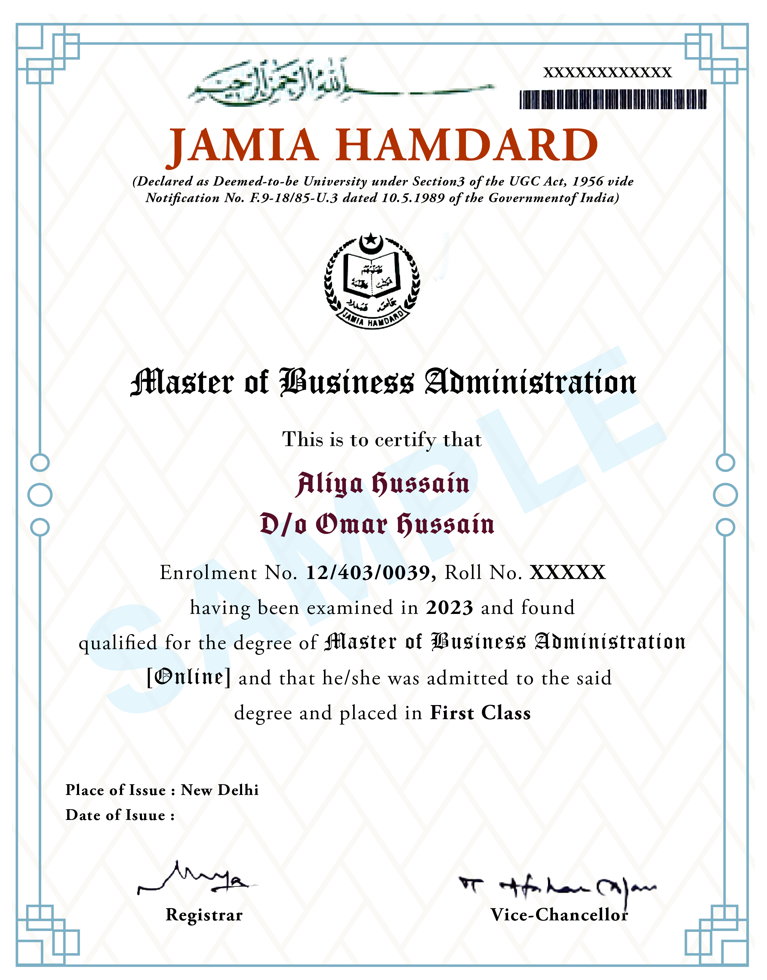 Certificate of Completion for MBA Program - Jamia Hamdard University